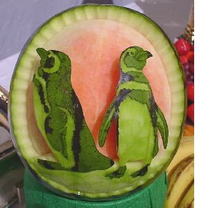 watermelon sculpture: Magellan penguin.