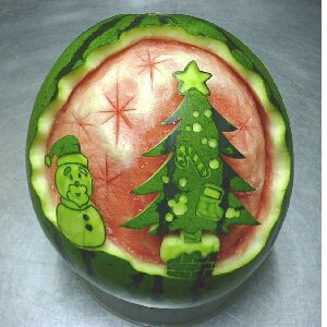 watermelon sculpture: Christmas Tree and Snowman.
