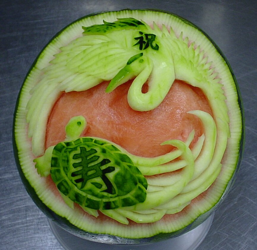 Watermelon Carving: The Japanese crane and tortoise which call a fortune.